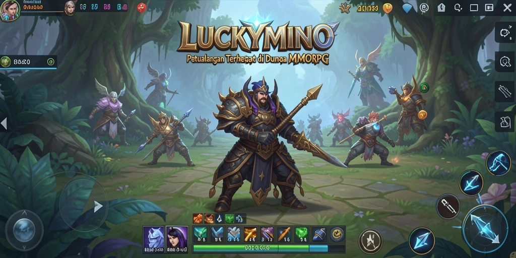 Tampilan gameplay LUCKYMINO yang menakjubkan dengan karakter dan dunia fantasi.